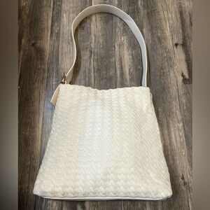 A New Day Woven Braided White Tote Bag Shoulder Bag Minimalist Gold Hardware